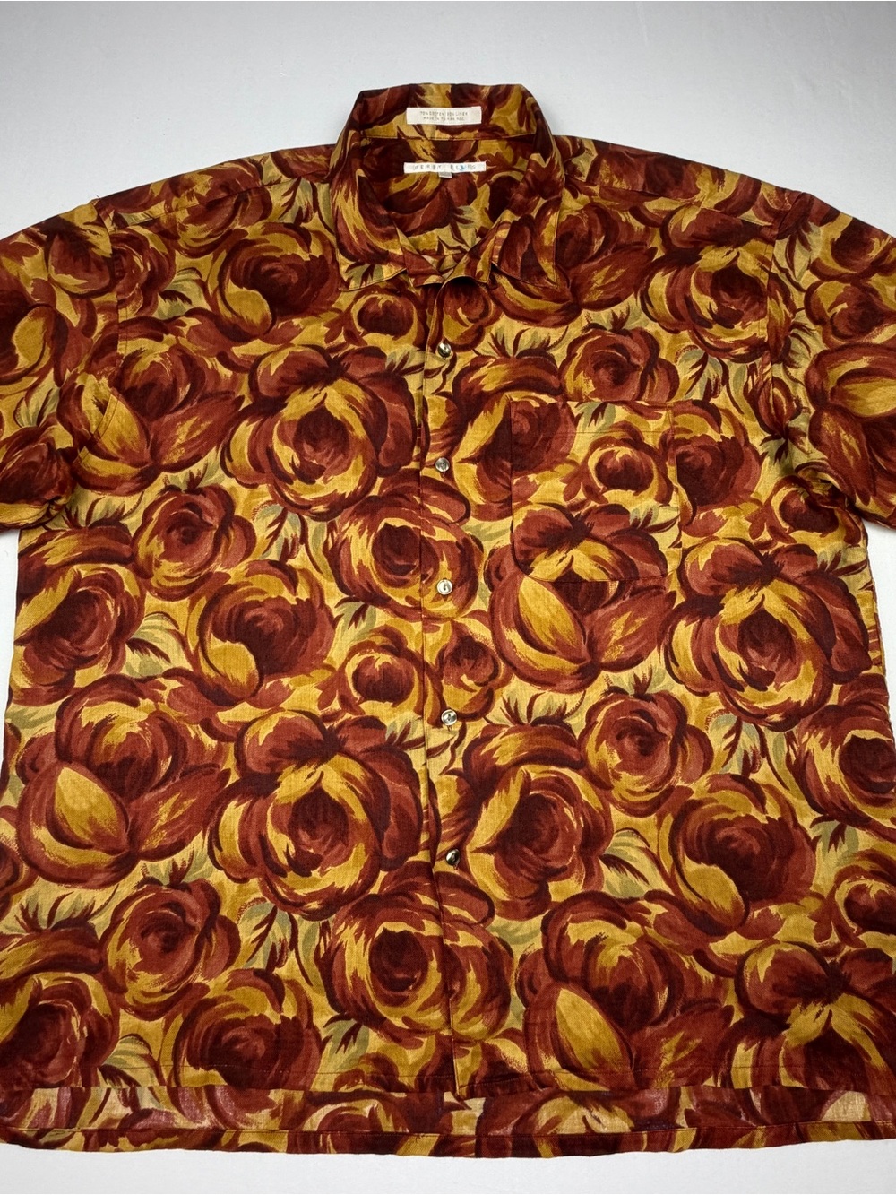 Perry Ellis Burgundy and Mustard Floral Short-Sleeve Button-Down Shirt